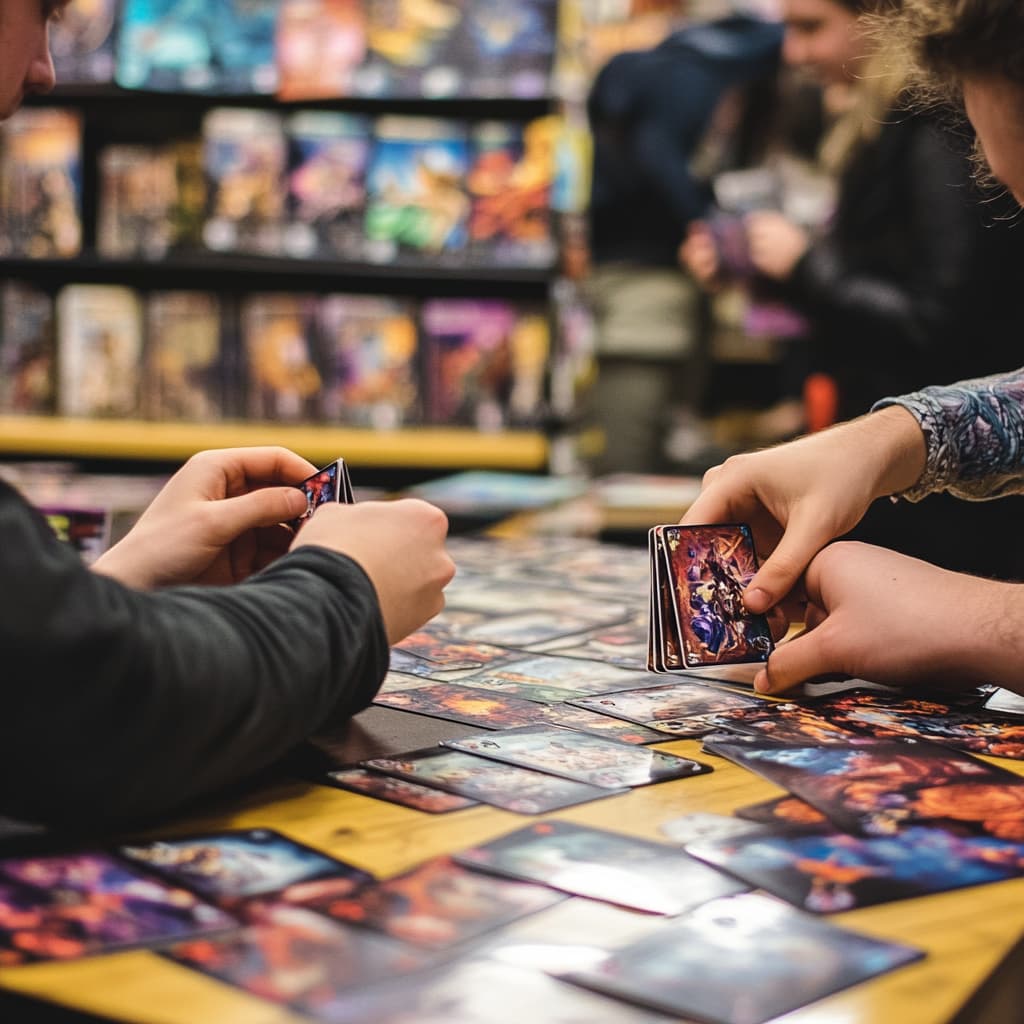 Two players playing a match in a vibrant card game store. Partial views of players' hands and arms reaching for cards.