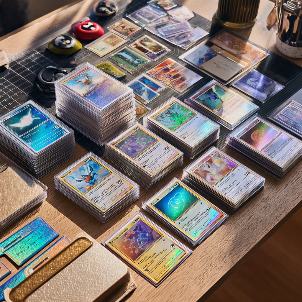 pokemon cards layed out on a table in sleeves
