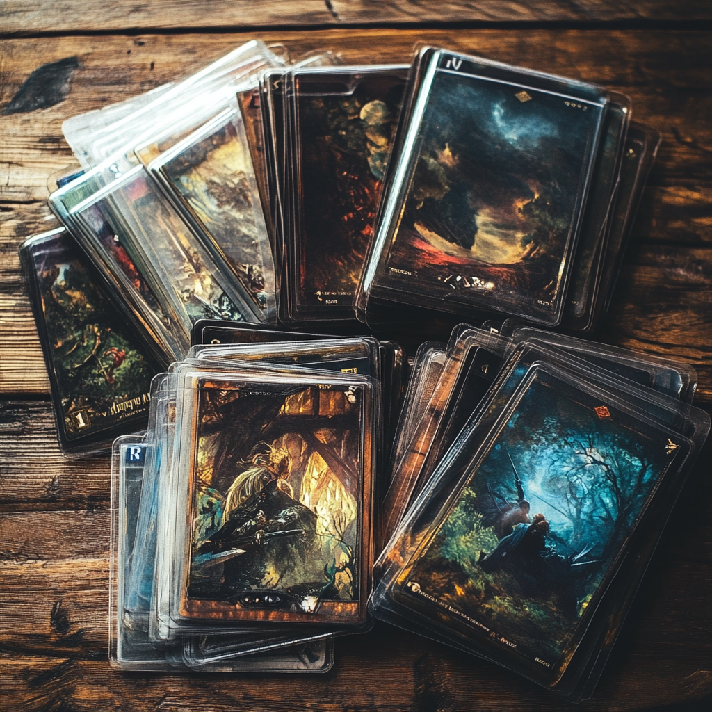 Trading cards in protective sleeves on top of a wooden table.