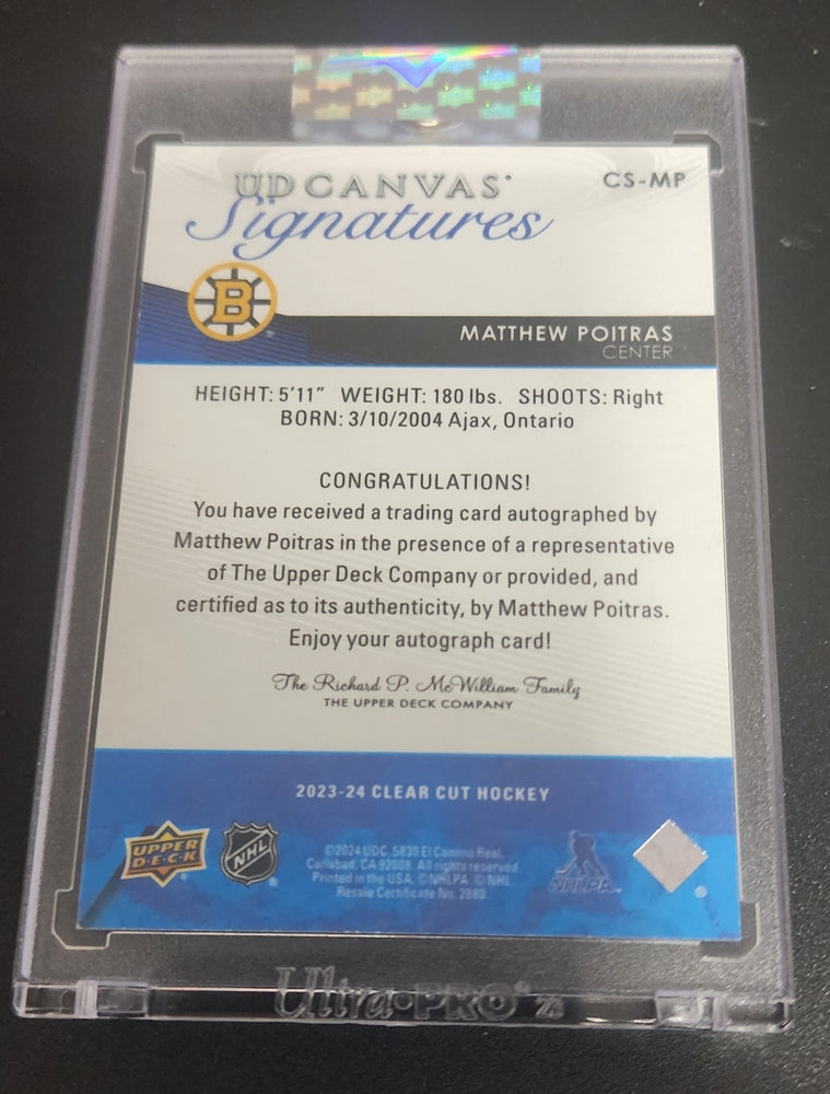 2023-24 Upper Deck Clear Cut Hockey Ud Canvas Signatures Cs-Mp Rookie Rc Auto Matthew Poitras