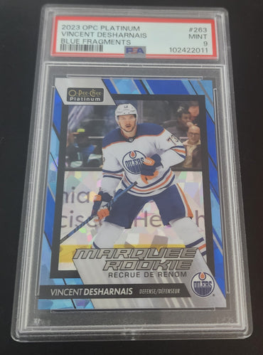 2023-24 Upper Deck O-Pee-Chee Platinum Marquee Rookie Blue Fragment #263 Rookie Rc Vincent Desharnais /125 Psa 9