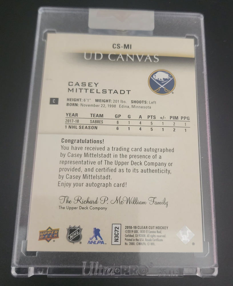 2018-19 Upper Deck Clear Cut Hockey Ud Canvas Auto Cs-Mi Rookie Rc Auto Casey Mittlestadt /25