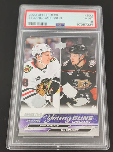 2023-24 Upper Deck Series 2 Young Guns Checklist #500 Rookie Rc Connor Bedard Leo Carlsson Psa 9