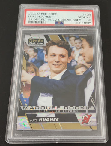 2023-24 Upper Deck O-Pee-Chee Platinum Marquee Rookie Seismic Gold Preview Rookie Rc Luke Hughes Psa 10