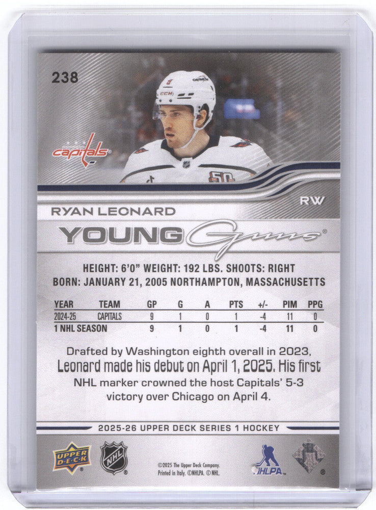 2025-26 Upper Deck Series 1 Young Guns #238 Rookie Rc Ryan Leonard