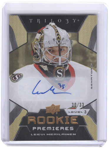 2023-24 Upper Deck Trilogy Gold Rookie Premiers #205 Rookie Rc Auto Leevi Merilainen /33
