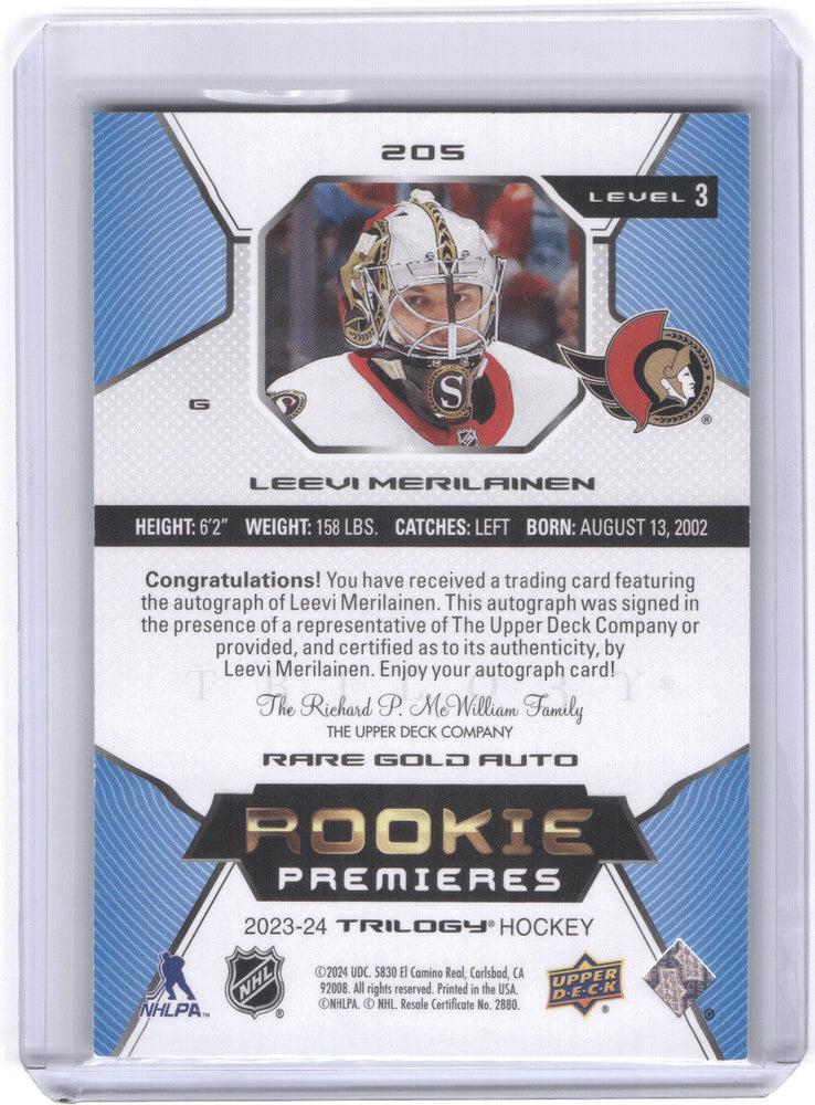 2023-24 Upper Deck Trilogy Gold Rookie Premiers #205 Rookie Rc Auto Leevi Merilainen /33