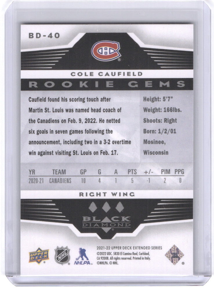 2021-22 Upper Deck Extended Series Black Diamond Retro 3 Star #Bd-40 Rookie Rc Cole Caufield