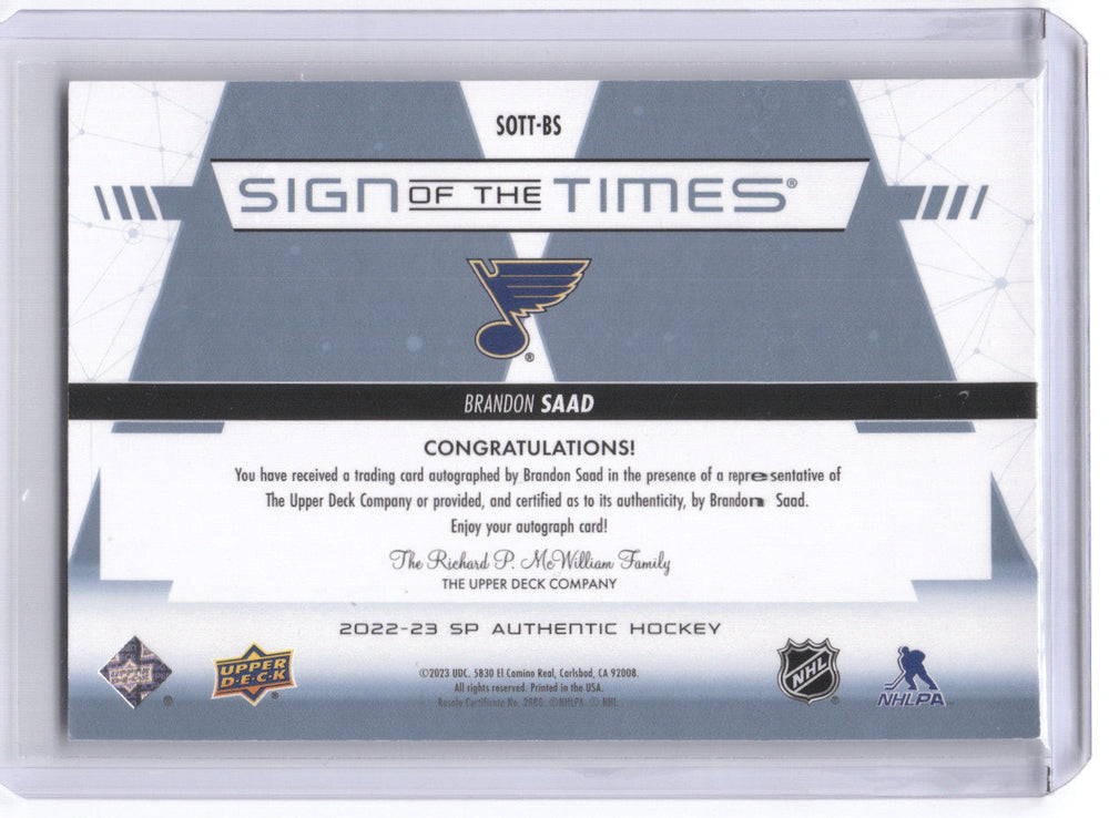 2022-23 Upper Deck Sp Authentic Sign Of The Times #Sott-Bs Auto Brandon Saad