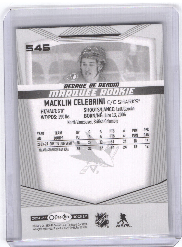 2024-25 Upper Deck O-Pee-Chee Marquee Rookie 545 Rookie Rc Macklin Celebrini