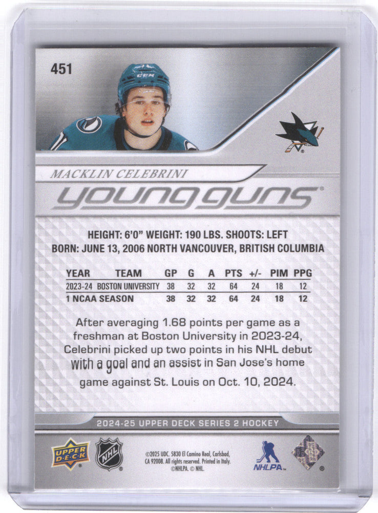2024-25 Upper Deck Series 2 Young Guns #451 Rookie Rc Macklin Celebrini