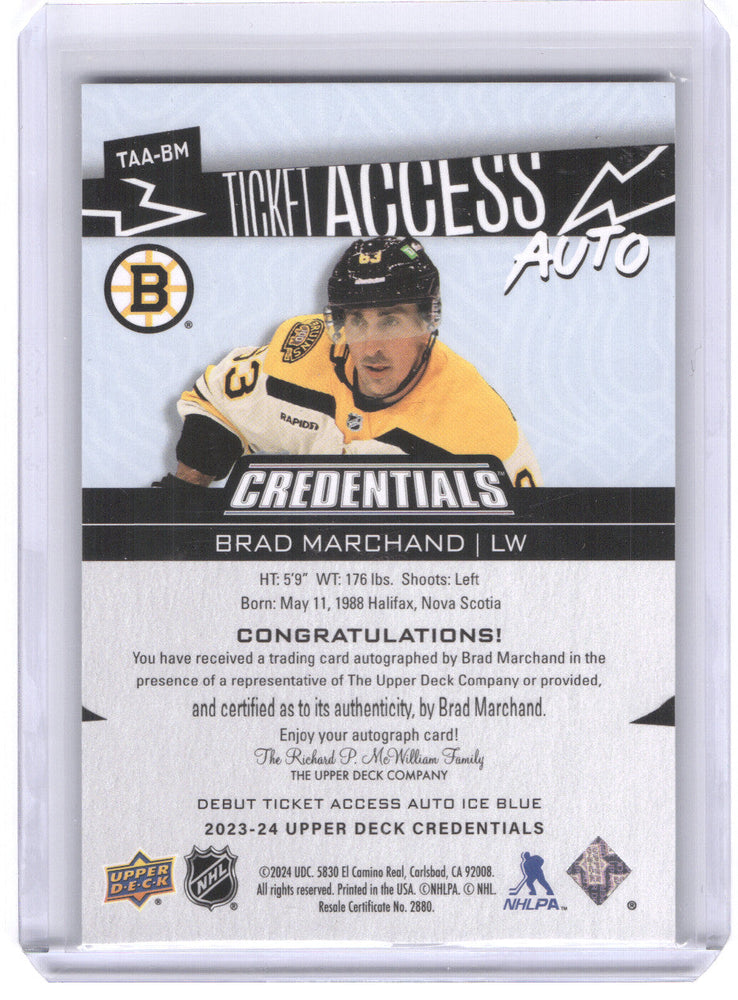 2024-25 Upper Deck Credentials Ticket Access Auto Taa-Bm Auto Brad Marchand /25