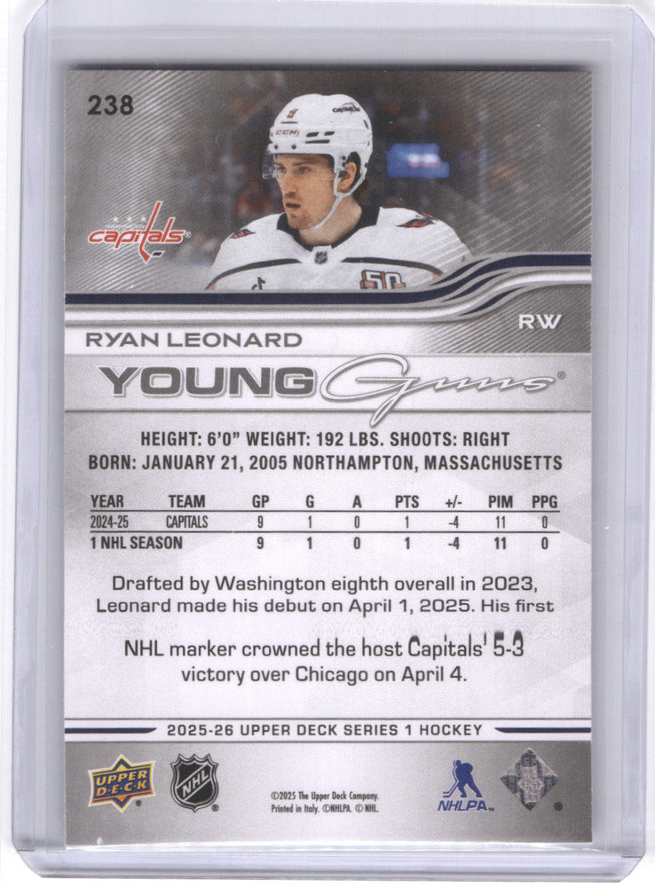 2025-26 Upper Deck Series 1 Young Guns #238 Rookie Rc Ryan Leonard