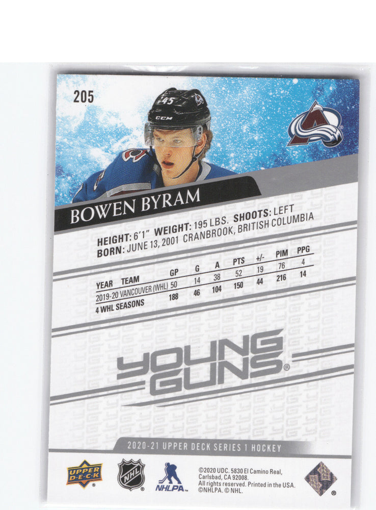 2020-21 Upper Deck Series 1 Young Guns #205 Rookie Rc Bowen Byram
