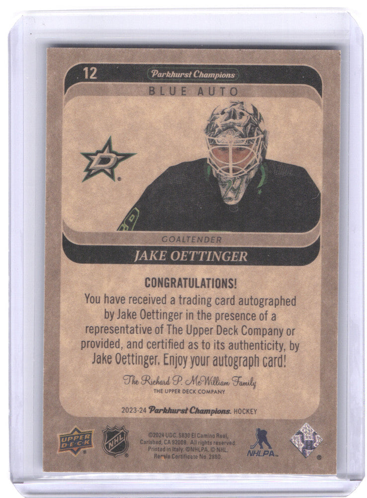 2023-24 Upper Deck Parkhurst Champions Blue Auto #12 Auto Jake Oettinger /15