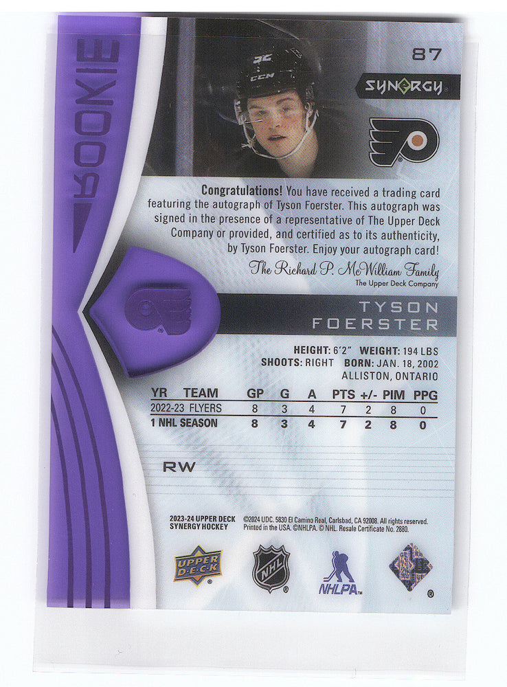 2023-24 Upper Deck Synergy Rookie Auto 87 Rookie Rc Auto Tyson Foerster /99
