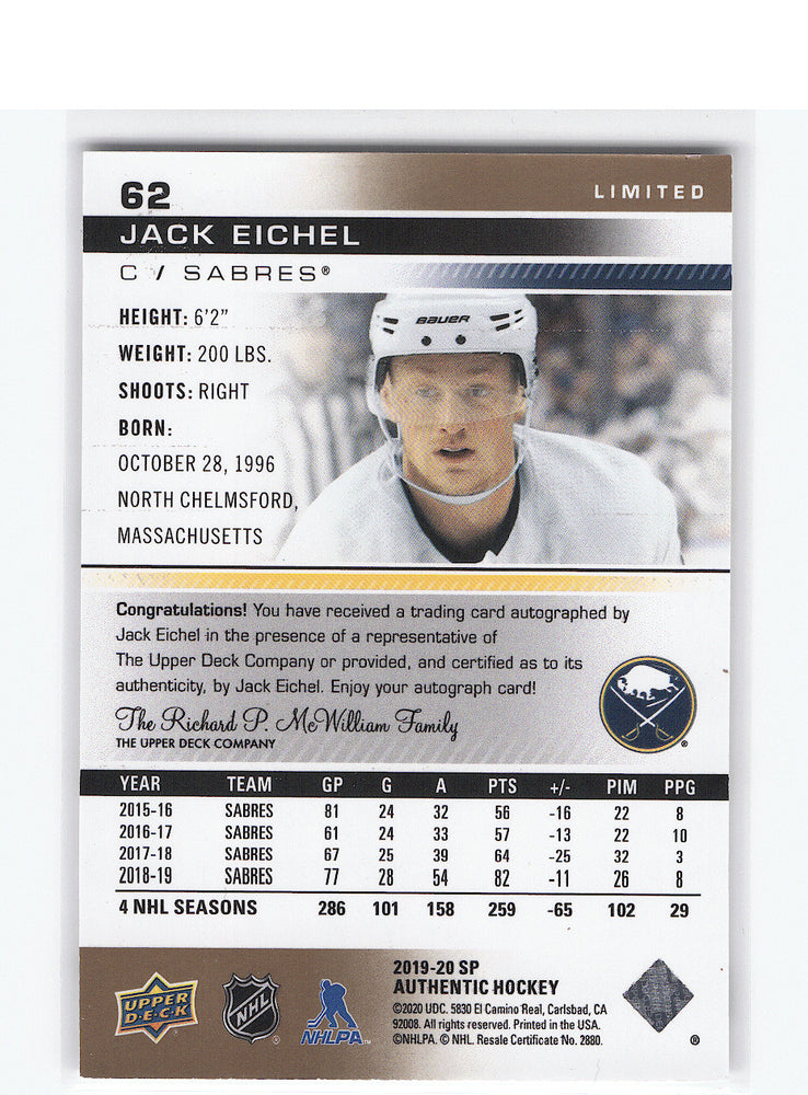 2019-20 Upper Deck Sp Authentic Limited 62 Auto Jack Eichel