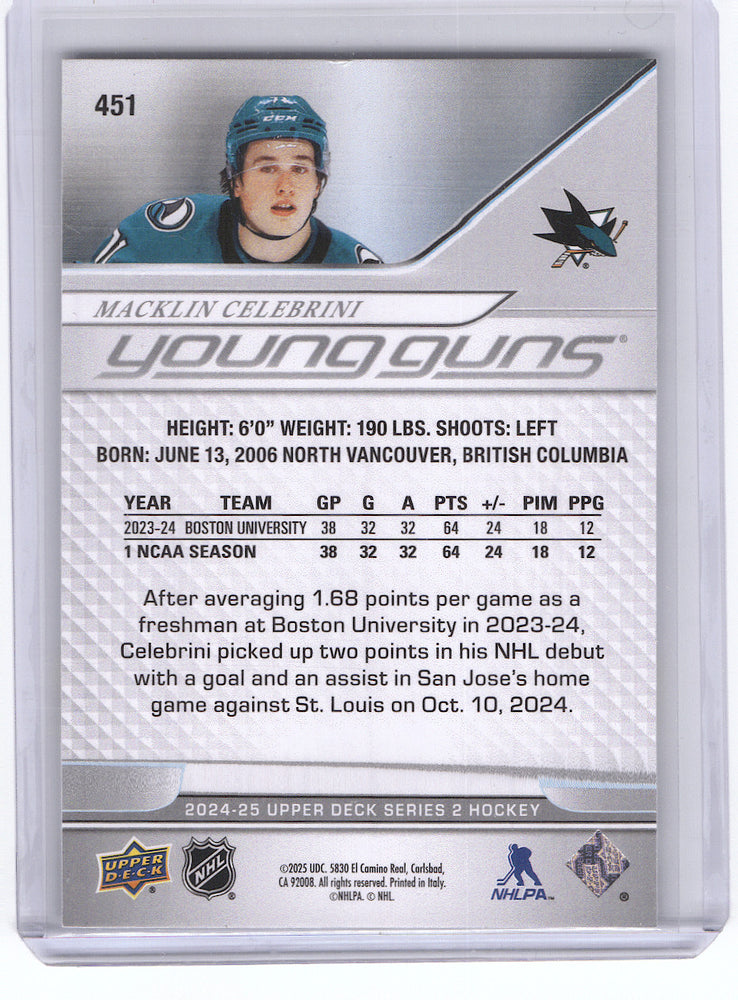 2024-25 Upper Deck Series 2 Young Guns #451 Rookie Rc Macklin Celebrini