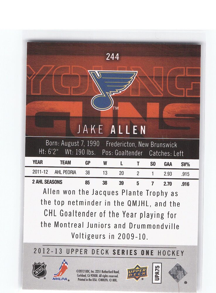 2012-13 Upper Deck Series 1 Young Guns #244 Rookie Rc Jake Allen