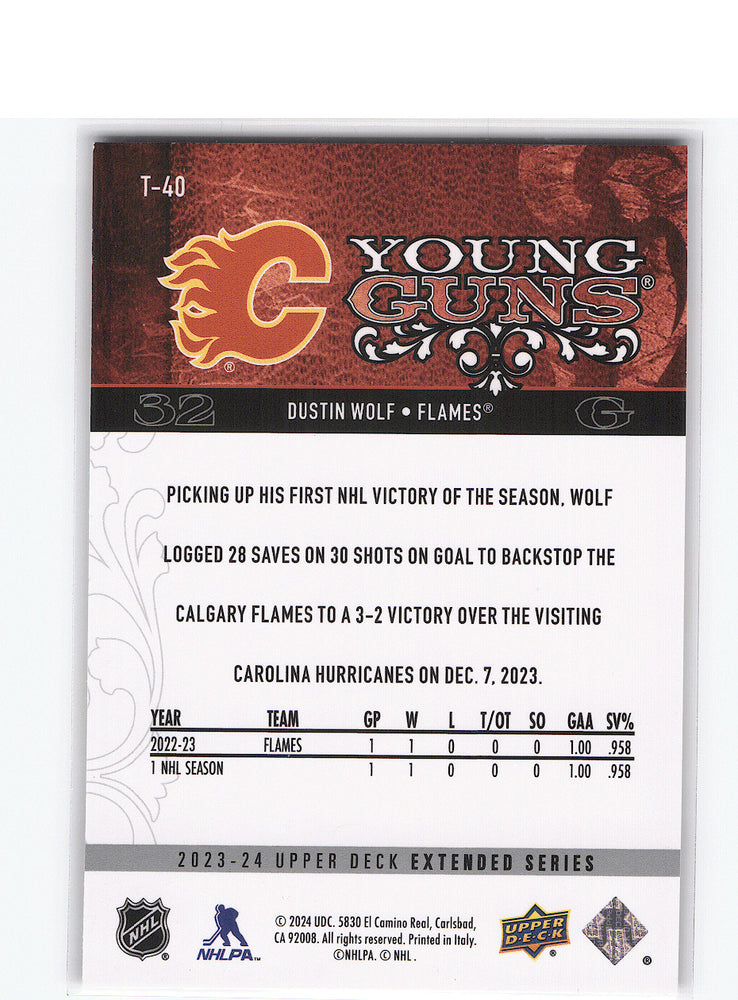 2023-24 Upper Deck Extended Young Guns #T-40 Rookie Rc Dustin Wolf