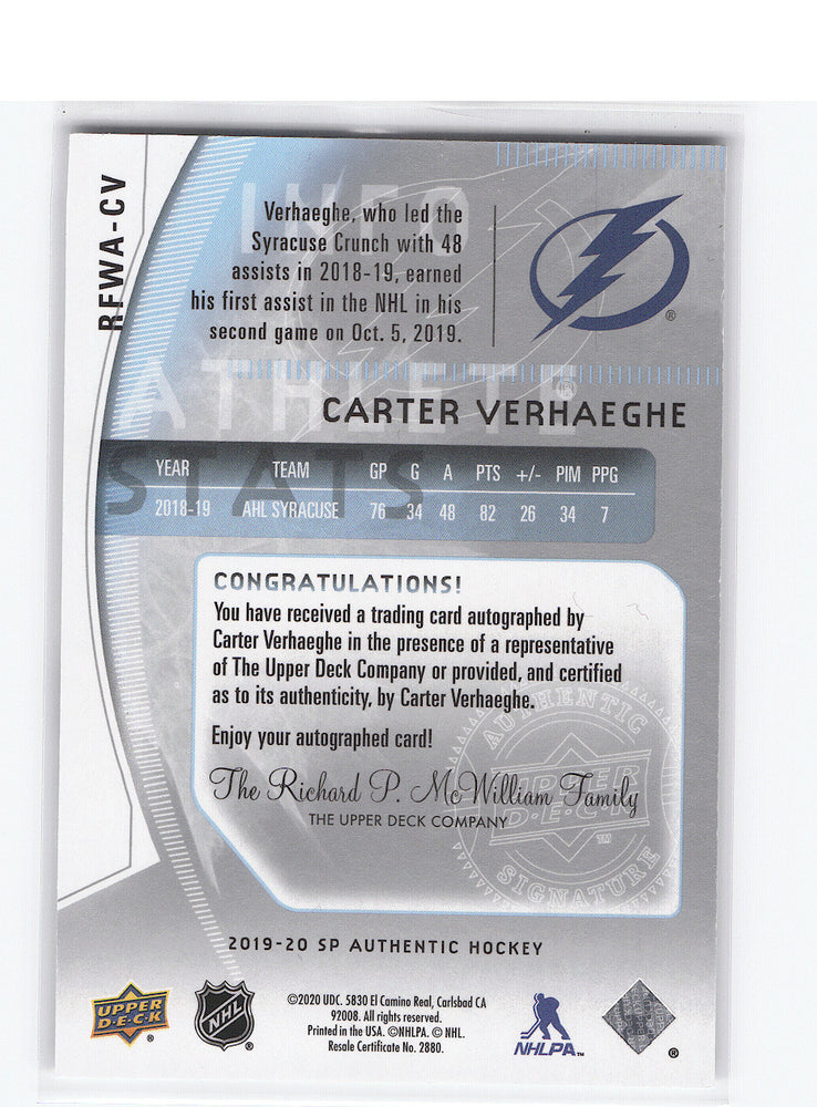 2019-20 Upper Deck Sp Authentic Autographed Future Watch Rfwa-Cv Rookie Rc Carter Verhaghe