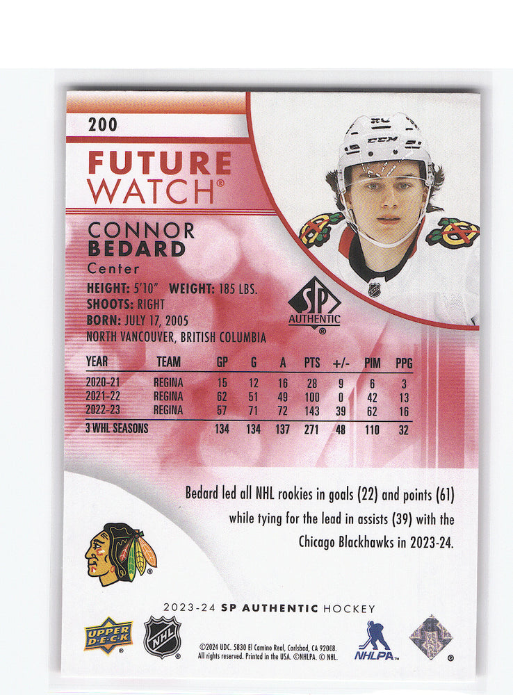 2023-24 Upper Deck Sp Authentic Future Watch #200 Rookie Rc Connor Bedard