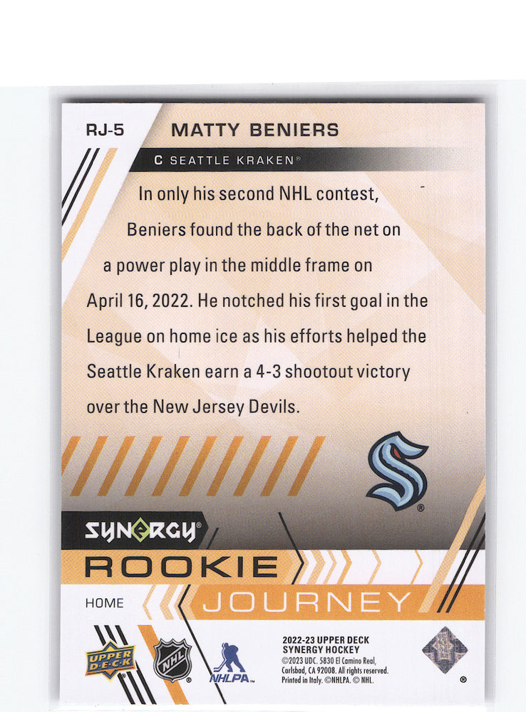 2022-23 Upper Deck Synergy Rookie Journey Rj-5 Rookie Rc Matty Beniers /99