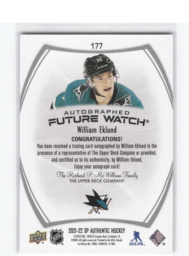 2021-22 Upper Deck Sp Authentic Autographed Future Watch #177 Rookie Rc Auto William Eklund /999
