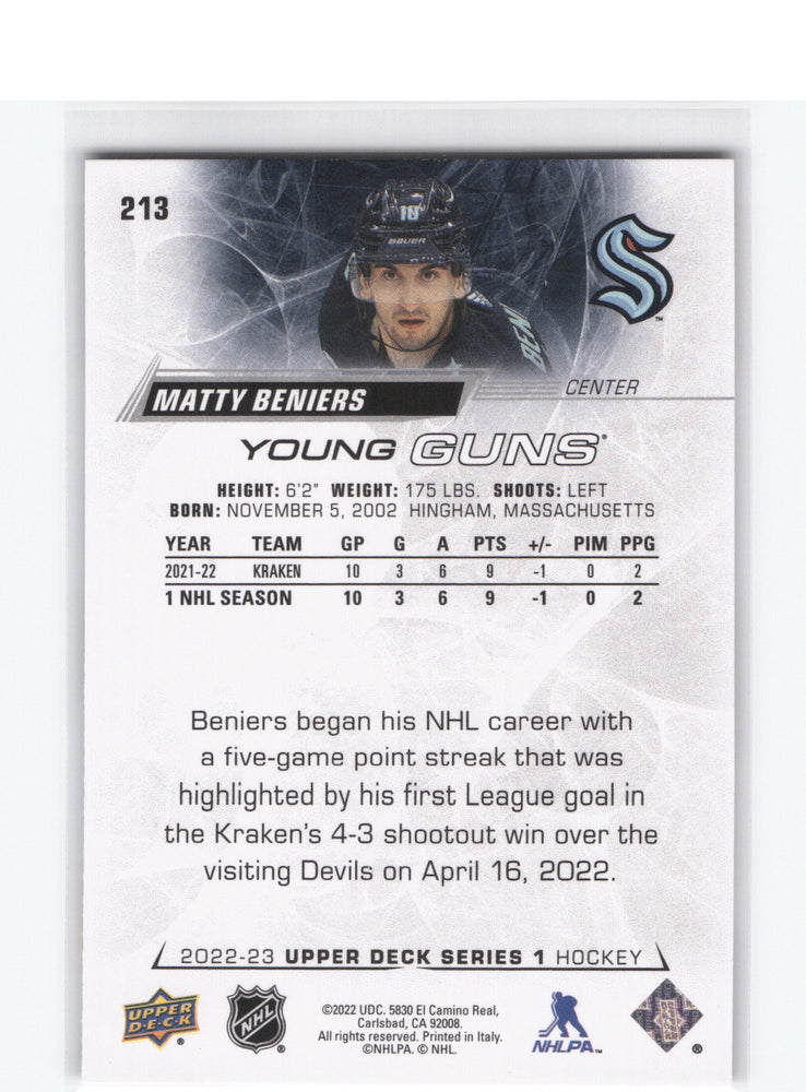 2022-23 Upper Deck Series 1 Young Guns #213 Rookie Rc Matty Beniers