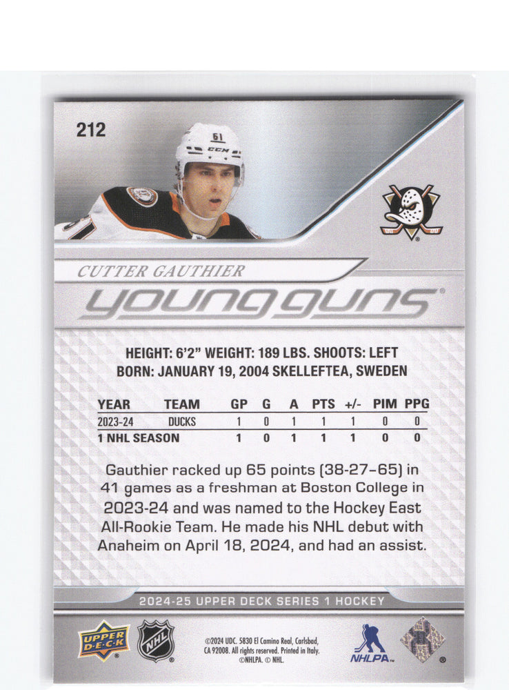 2024-25 Upper Deck Series 1 Young Guns #212 Rookie Rc Cutter Gauthier