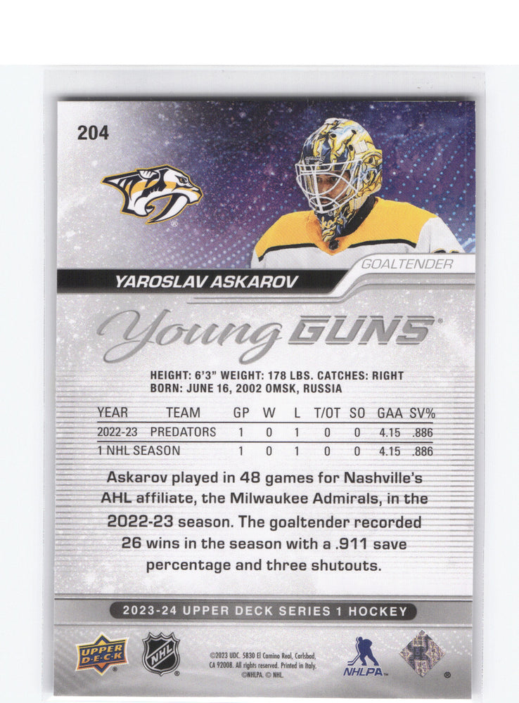 2023-24 Upper Deck Series 1 Young Guns #204 Rookie Rc Yaroslav Askarov