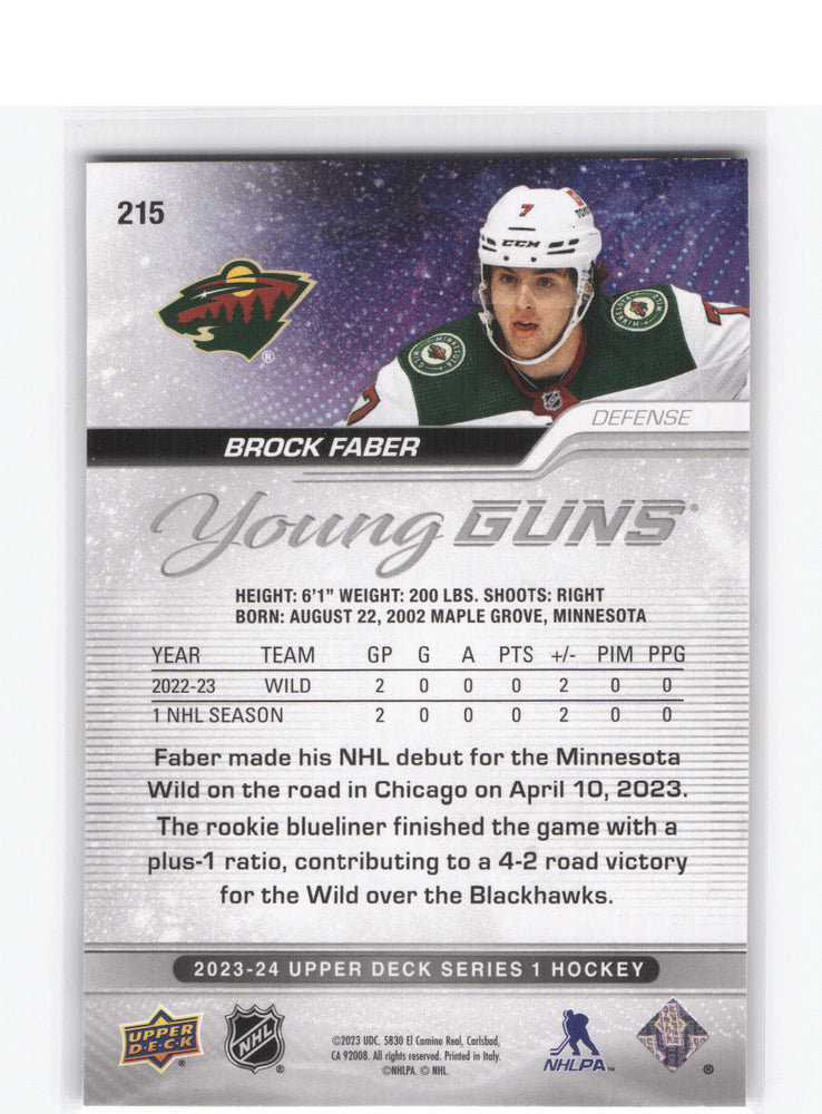 2023-24 Upper Deck Series 1 Young Guns #215 Rookie Rc Brock Faber