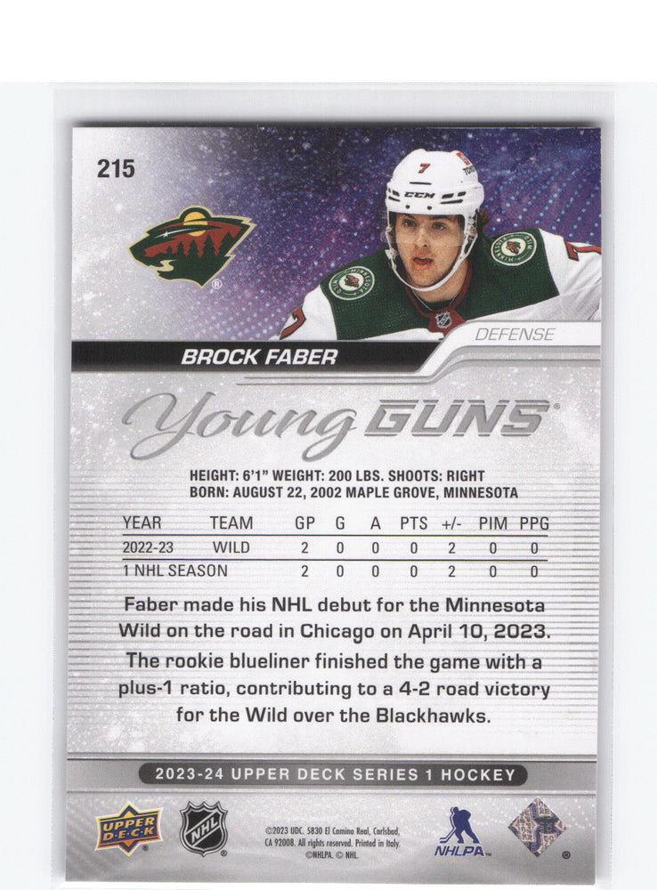2023-24 Upper Deck Series 1 Young Guns #215 Rookie Rc Brock Faber