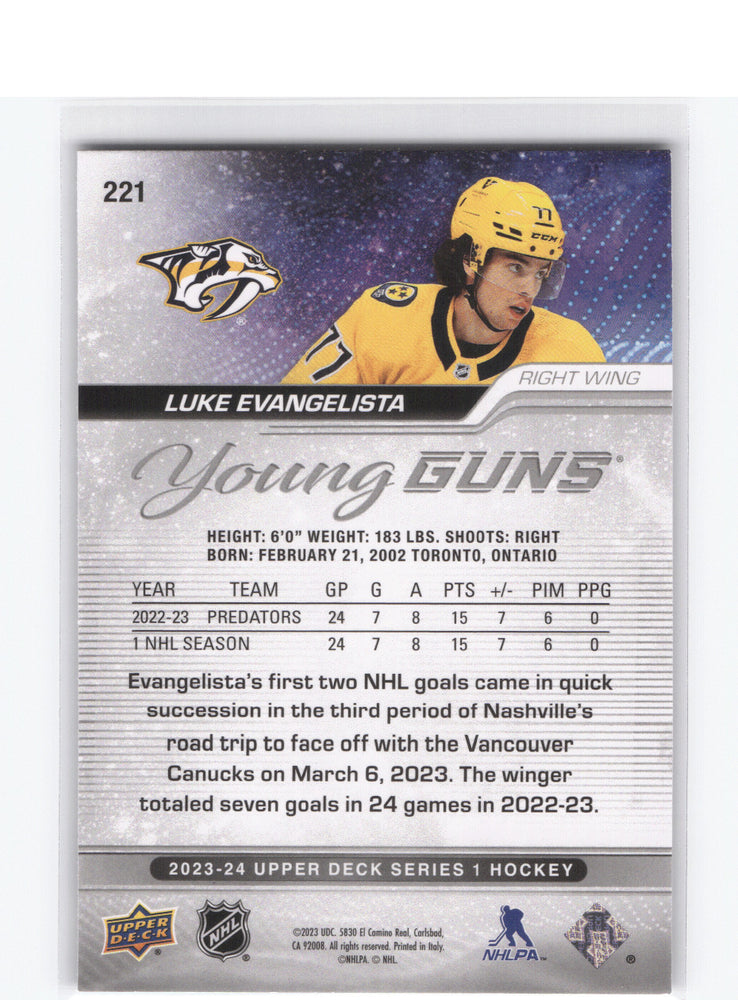2023-24 Upper Deck Series 1 Young Guns Silver Outburst #221 Rookie Rc Luke Evangelista