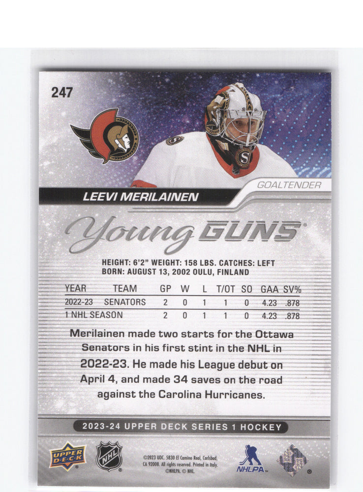 2023-24 Upper Deck Series 1 Young Guns Silver Outburst #247 Rookie Rc Leevi Merilainen