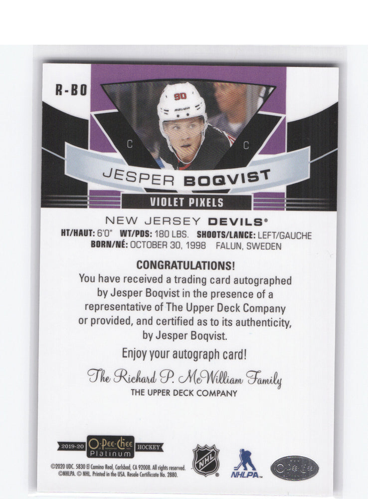 2019-20 O-Pee-Chee Platinum Violet Pixels #R-Bo Rookie Rc Auto Jesper Boqvist