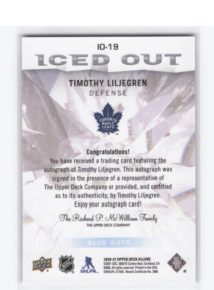 2020-21 Upper Deck Allure Iced Out Blue #Io-19 Rookie Rc Auto Timothy Liljegren