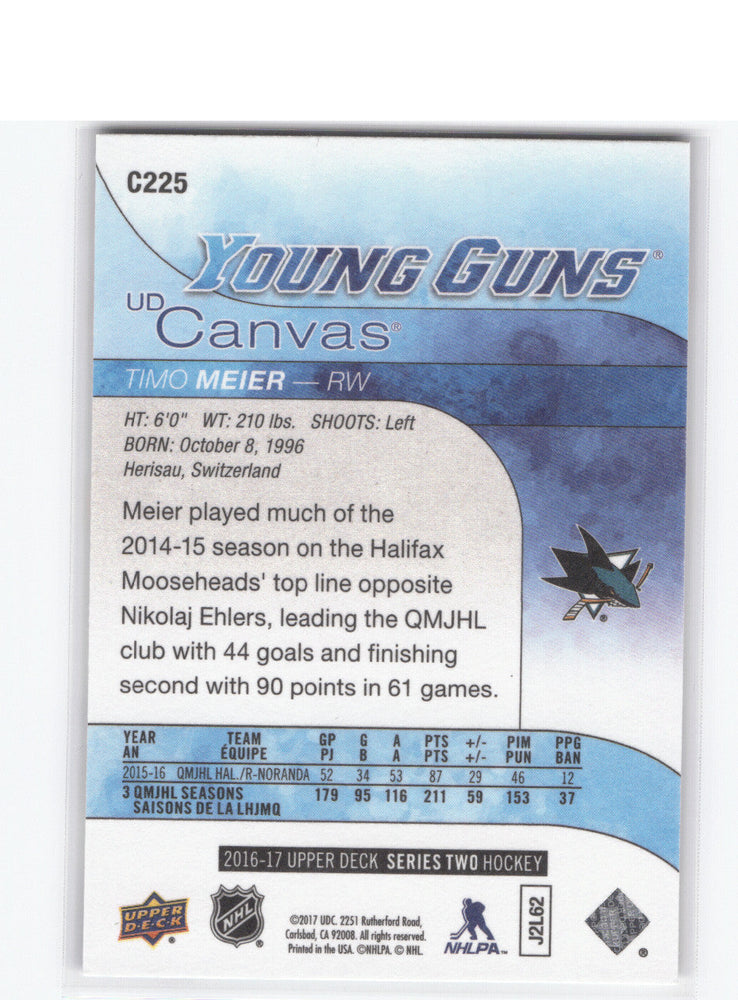 2016-17 Upper Deck Series 2 Young Guns Ud Canvas C225 Rookie Rc Timo Meier