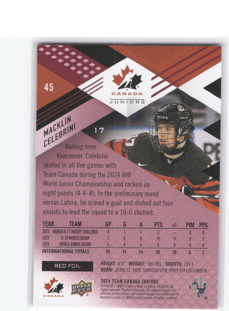 2024 Upper Deck Team Canada Juniors Red Foil #45 Macklin Celebrini