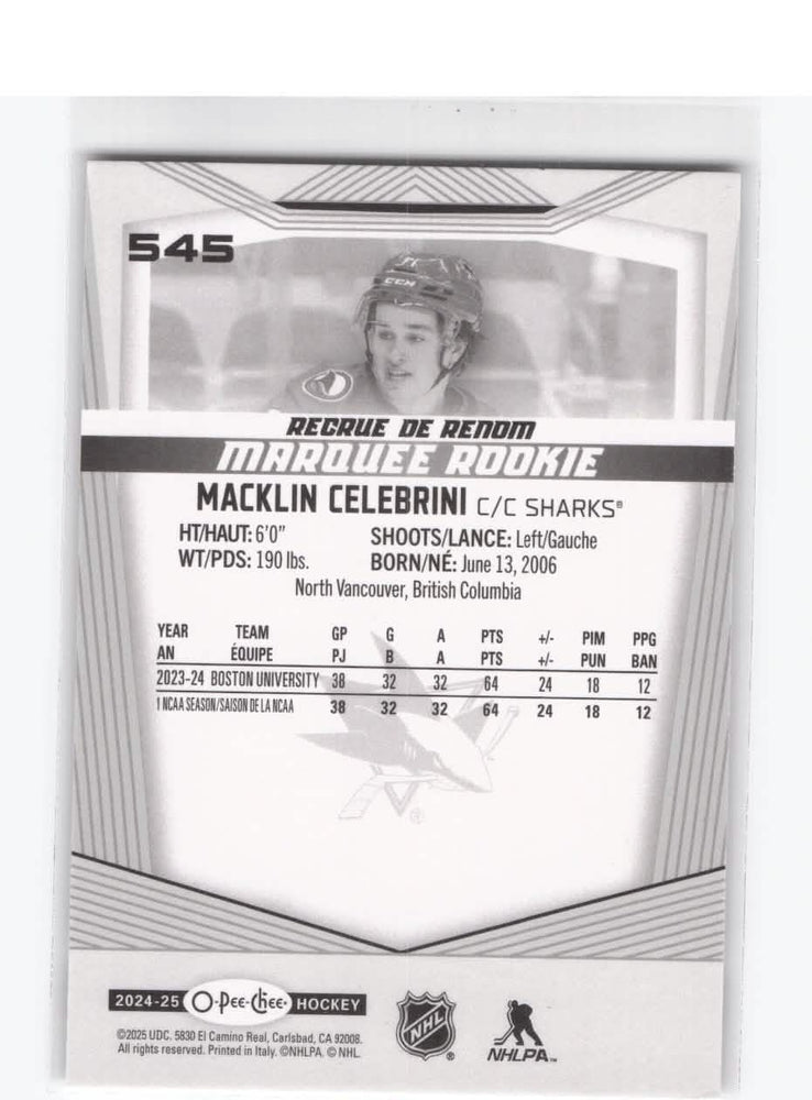 2024-25 Upper Deck O-Pee-Chee Marquee Rookie #545 Rookie Rc Macklin Celebrini