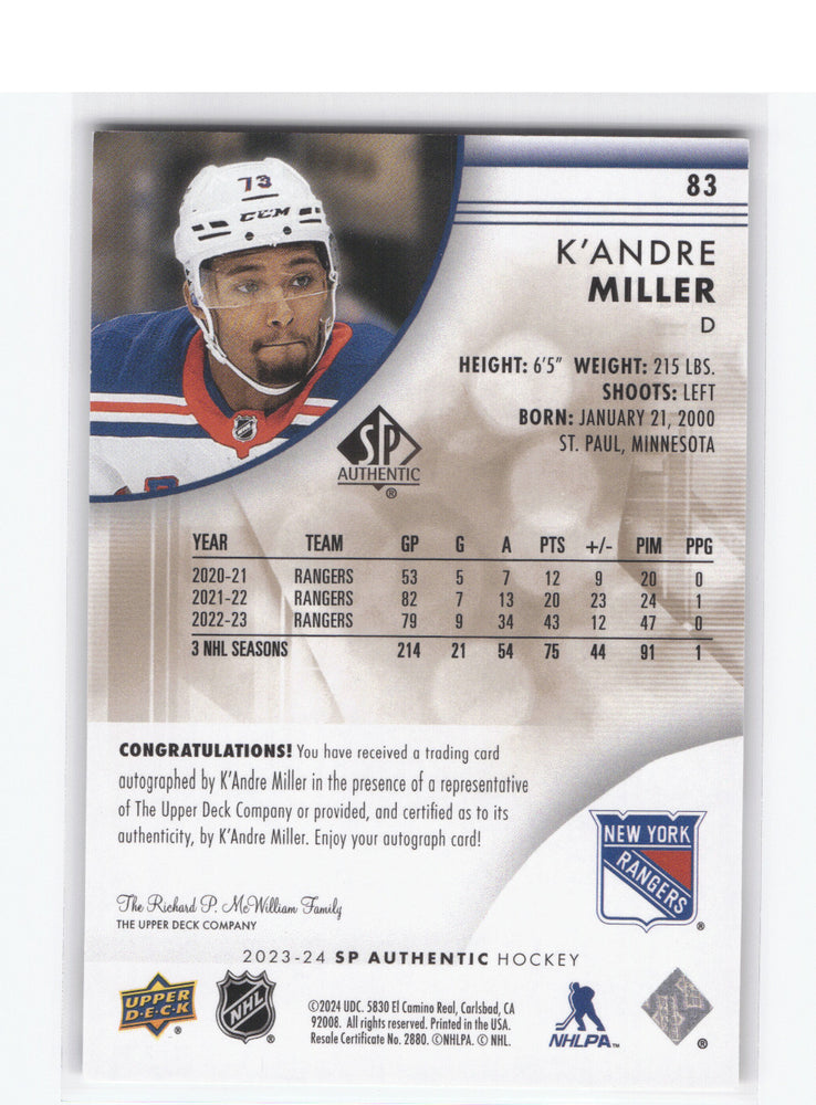 2023-24 Upper Deck Sp Authentic Limited Auto #83 Auto K'Andre Miller