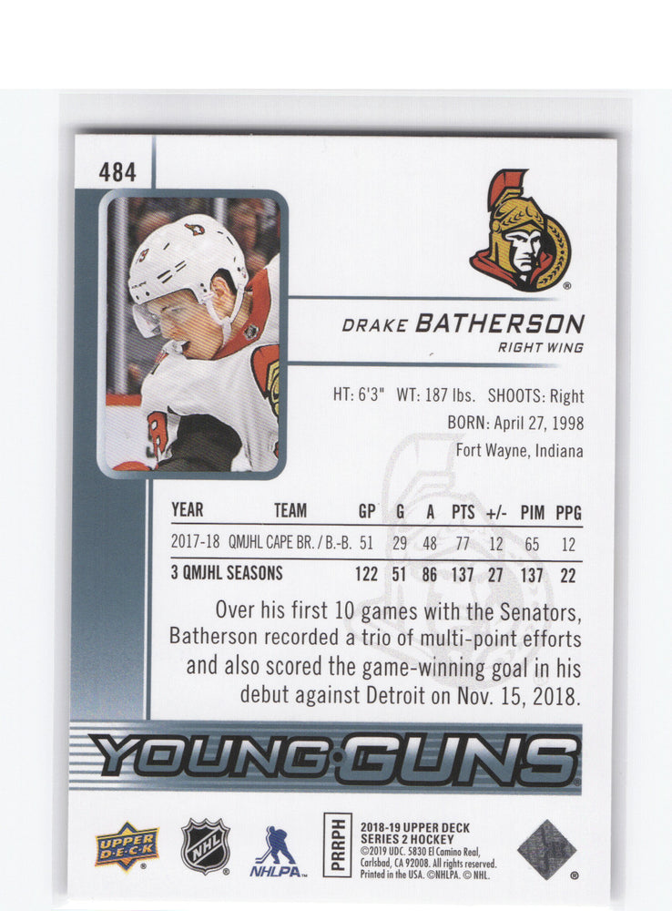 2018-19 Upper Deck Series 2 Young Guns #484 Rookie Rc Drake Batherson