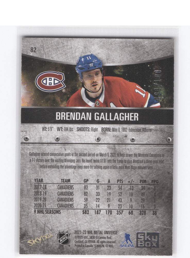 2021-22 Skybox Metal Universe Precious Metal Gems #82 Brendan Gallagher /100