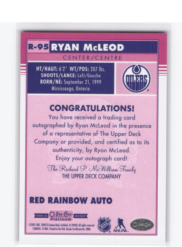 2020-21 Upper Deck O-Pee-Chee Platinum Red Rainbow Auto R-95 Rookie Rc Auto Ryan Mcleod