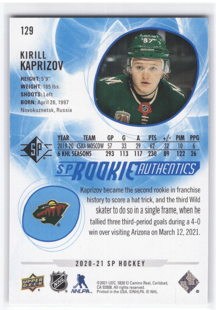 2020-21 Upper Deck Sp Hockey Sp Rookie Authentics #129 Rookie Rc Kirill Kaprizov