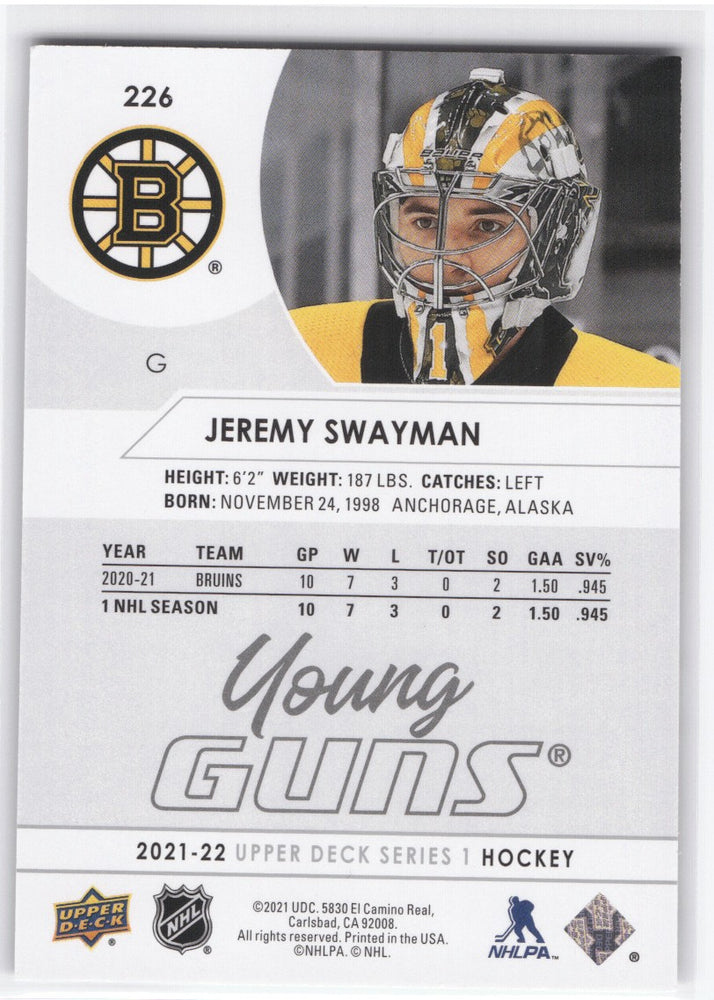 2021-22 Upper Deck Series 1 Young Guns #226 Rookie Rc Jeremy Swayman