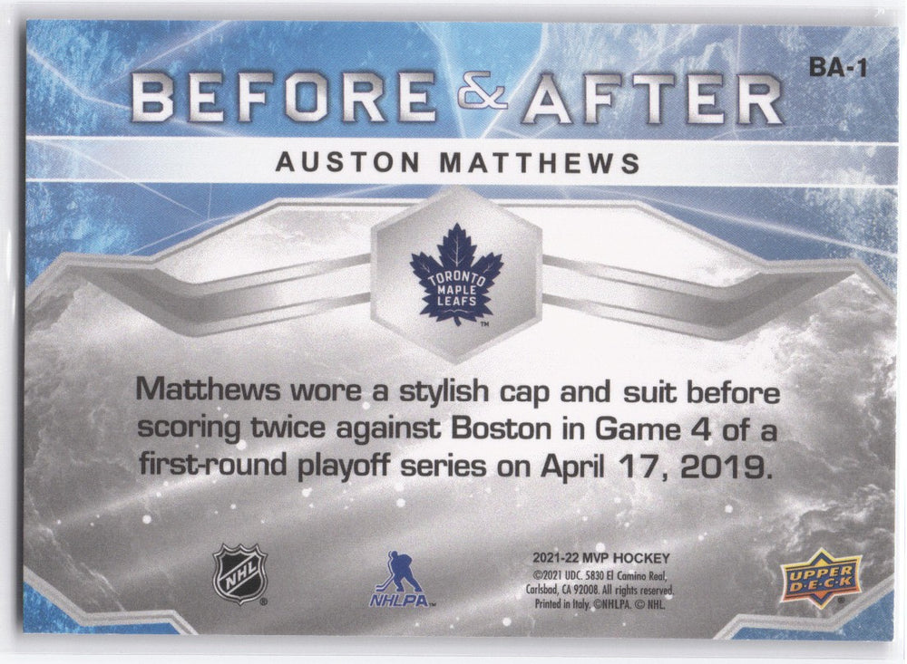 2021-22 Upper Deck Mvp Hockey Before & After Ba-1 Auston Matthews