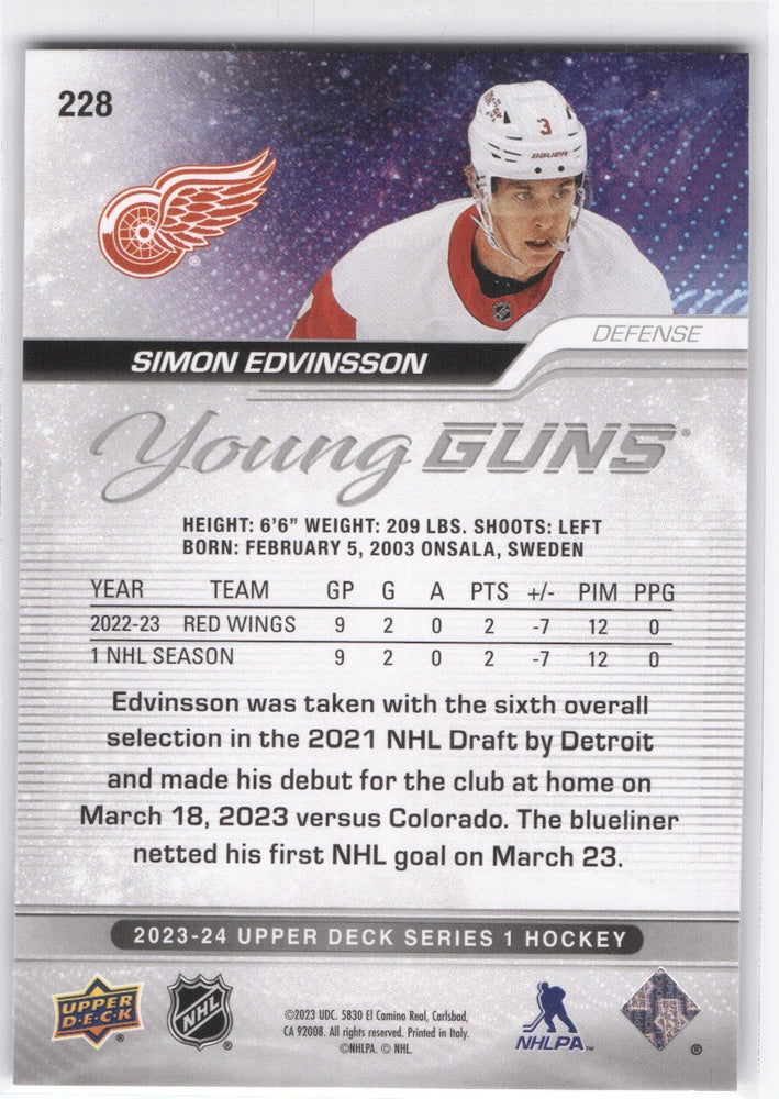 2023-24 Upper Deck Series 1 Young Guns #228 Rookie Rc Simon Edvinsson