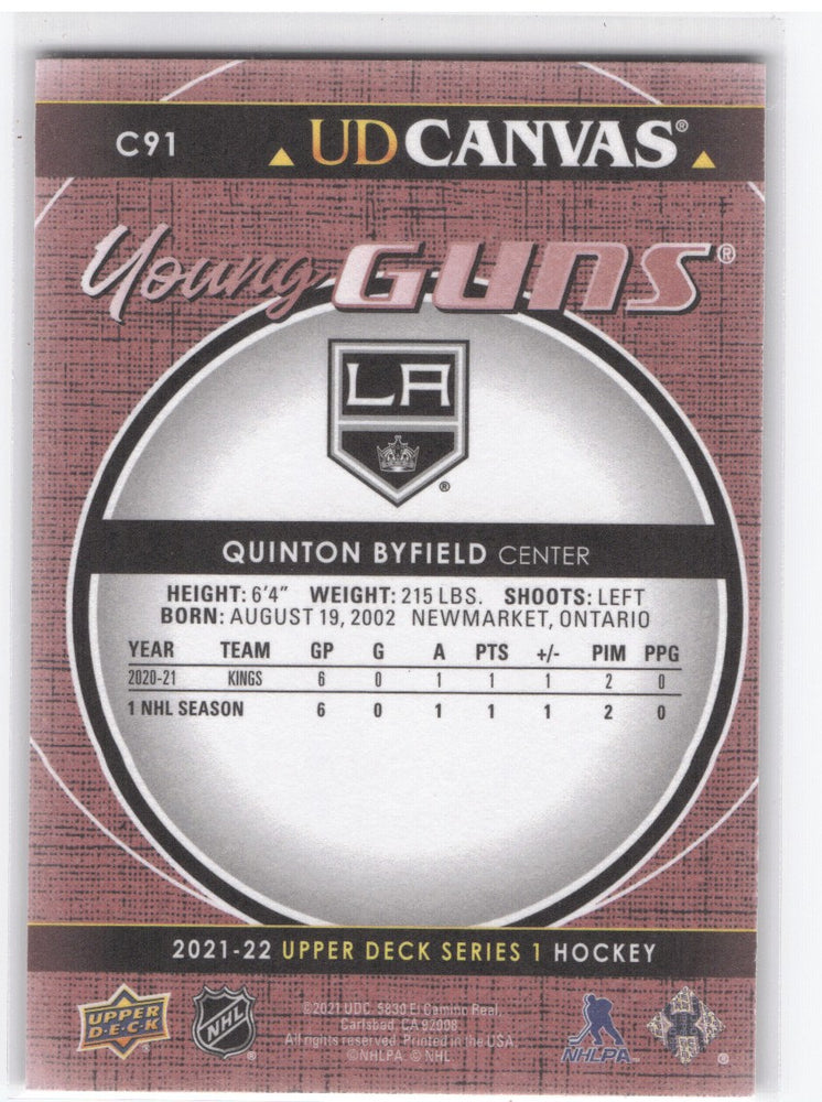 2021-22 Upper Deck Series 1 Young Guns Ud Canvas C91 Rookie Rc Quinton Byfield