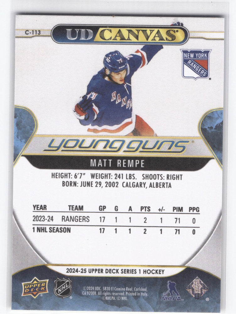 2024-25 Upper Deck Series 1 Young Guns Ud Canvas C-113 Rookie Rc Matt Rempe
